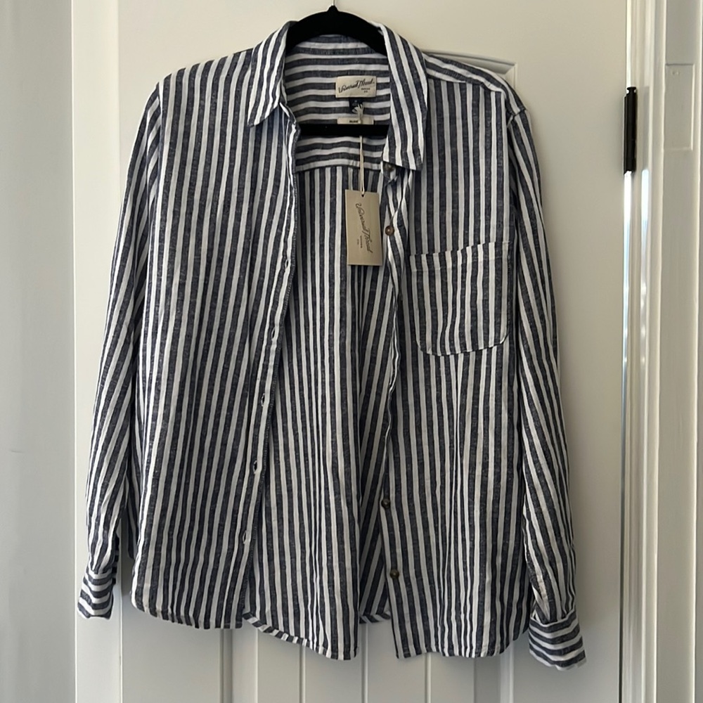 Navy and white linen button down